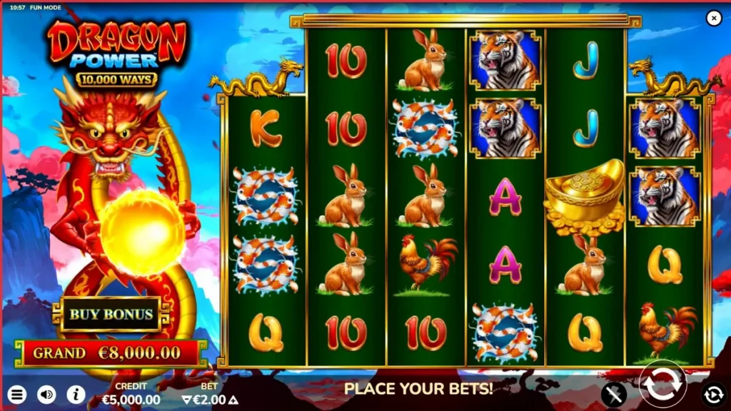 Visual megah naga emas dan kuil dalam slot Dragon Power 10,000 Ways