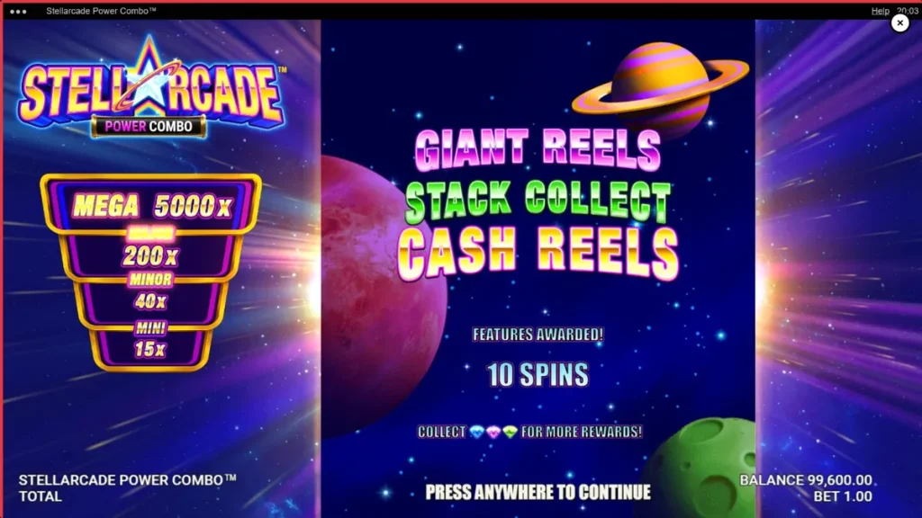 Tampilan visual slot Stellarcade Power Combo dengan nuansa neon ruang angkasa